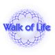 "Blauwe tekst 'Walk of Life' op een mandala-achtergrond in paarse en witte tinten."