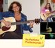 Gitarrenunterricht mit lächelnder Frau und Kind, „kostenlose Probestunde“ steht auf gelbem Zettel.
