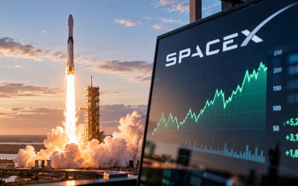 Raketenstart neben einem Bildschirm mit Aktienkurs-Chart als Symbol für die SpaceX-Aktie und ihre Kursentwicklung.