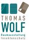 Logo mit Text: "Thomas Wolf Raumausstattung Insektenschutz", drei stilisierte Symbole darüber.