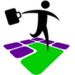 Silhouette with a briefcase walking on green and purple tiles.