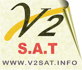Texto "V2 SAT" con fondo beige y el enlace www.v2sat.info.