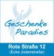 Logo mit Schriftzug "Geschenke Paradies", Adresse: Rote Straße 12, Ecke Jüdenstraße.