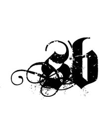 Schwarze, kunstvolle Buchstaben "3b" mit Schnörkeln und Spritzern auf weißem Hintergrund.