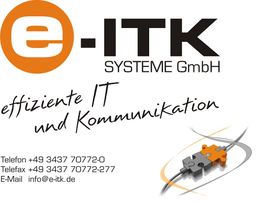 Logo der e-ITK Systeme GmbH mit Slogan "effiziente IT und Kommunikation" und Kontaktdaten.