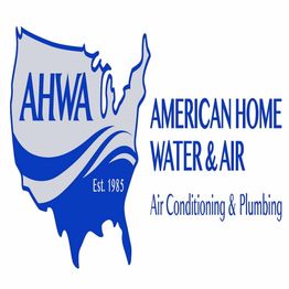 Map-shaped logo for AHWA, American Home Water & Air, established 1985, in blue and white.