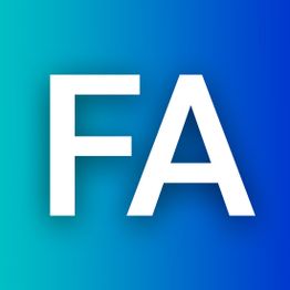 Texto "FA" en blanco sobre fondo degradado azul.