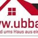 Logo mit rotem Dachsymbol, Fenster und Text: "www.ubbau.de, Rund ums Haus aus einer Hand".