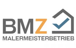 Logo des BMZ Malermeisterbetriebs mit Haus und Haken in Grau und Orange.