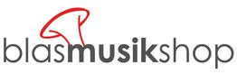 Logo des Blasmusikshops mit rotem Notensymbol.