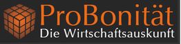 Würfelförmiges Logo mit Text: "ProBonität Die Wirtschaftsauskunft" auf schwarzem Hintergrund.
