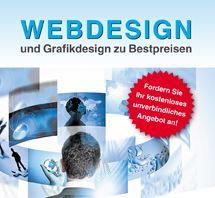 Webdesign-Anzeige mit Grafiken und Text: "Fordern Sie Ihr kostenloses unverbindliches Angebot an!"