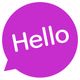 Lila Sprechblase mit weißem Text "Hello".