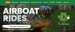 Airboat rides promotion with an alligator background, contact info, and booking details.