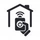 Smart home icon with a remote control activating wireless technology inside a house.