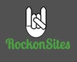 Hand gesture logo above green text "RockonSites" on a dark background.