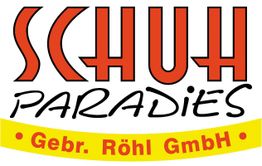 Logo mit Text: "Schuh Paradies - Gebr. Röhl GmbH" in Rot auf gelbem Hintergrund.