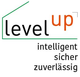 Textlogo: "level up" mit den Worten "intelligent, sicher, zuverlässig" darunter.
