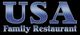 "Logo with text: 'USA Family Restaurant' in bold blue on a black background."