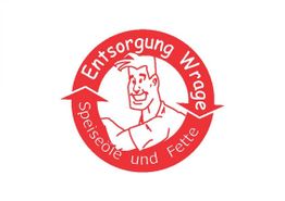 Rotes Logo mit einem Mann und Text „Entsorgung Wrage - Speiseöle und Fette“.