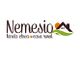Logotipo de "Nemesio": casa rural, colinas y sol naranja. Texto en euskera y español.