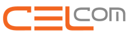 Logo mit dem Text „CELcom“ in orange und grau, moderne Schriftart auf weißem Hintergrund.