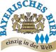 Logo mit Löwen, Krug, Hopfen, Text "Bayerisches Bier, einzig in der Welt"; blaue Rauten.