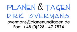 PLANNEN & TAGEN Logo mit Kontakt-E-Mail und Telefonnummer für Dirk Overmans.