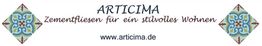 ARTICIMA-Logo mit dem Slogan "Zementfliesen für ein stilvolles Wohnen" und www.articima.de.