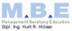 Text: "M.B.E. Management Beratung Education, Dipl. Ing. Kurt R. Klöser" in blauer Schrift.
