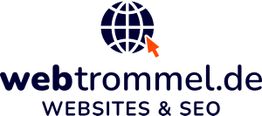 Globussymbol mit rotem Cursor und Text: "webtrommel.de, WEBSITES & SEO".
