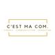 Texte logo : "C'est Ma Com. Conseil, Communication, Formation", encadré en doré.