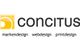 Logo von Concitus mit gelbem Symbol, Text: markendesign, webdesign, printdesign.