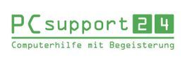 PCsupport24-Logo in Grün mit Slogan: "Computerhilfe mit Begeisterung".