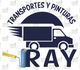 Logotipo de "Transportes y Pinturas Ray" con una camioneta y un rodillo de pintura azul.