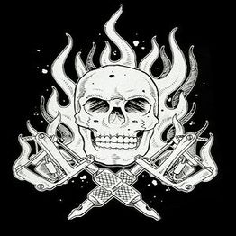 A flaming skull with crossed tattoo machines on a black background.