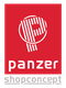 Rotes Logo mit weißem "P" und Text: "panzer shopconcept" auf schwarzem Hintergrund.