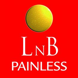 Rotes Logo mit gelbem Kreis, darunter weißer Text "LnB PAINLESS".