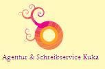 Logo mit stilisiertem Swirl und Text: "Agentur & Schreibservice Kuba" auf gelbem Hintergrund.