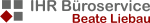 Graues Logo mit „IHR Büroservice Beate Liebau“, rote und graue Quadrate links.