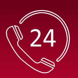 Telefonhörer-Symbol mit der Zahl 24 auf rotem Hintergrund, symbolisiert 24-Stunden-Erreichbarkeit.