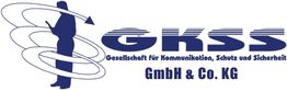 Silhouette eines Mannes mit Kreisen, daneben steht „GKSS GmbH & Co. KG – Kommunikation, Schutz, Sicherheit“.
