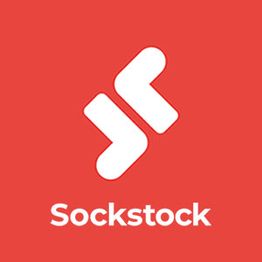 Rotes Logo mit weißem Symbol und darunter der Schriftzug "Sockstock".