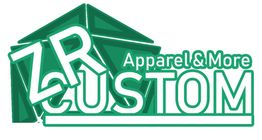 Green logo for "ZR Custom Apparel & More" with geometric design elements.