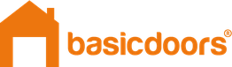 Oranje logo met huispictogram en tekst "basicdoors" in oranje letters.