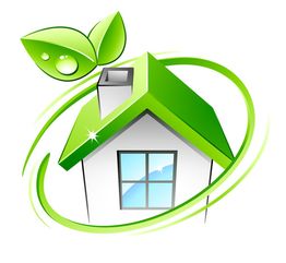Umweltfreundliches Haus mit grünem Dach, umgeben von Blättern und einem grünen Wirbel.