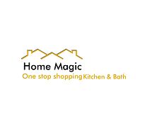 Logo with house outlines above "Home Magic" text and "One stop shopping Kitchen & Bath" tagline.