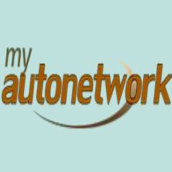 Text logo "my autonetwork" with a swoosh design on a light blue background.