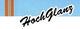 Text „HochGlanz“ in schwarzer Schrift auf blauem Hintergrund mit orangenen Streifen links.