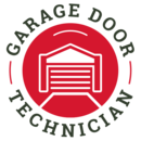 Red garage door icon with text: "Garage Door Technician" in a circular design.